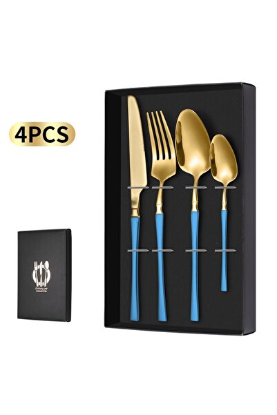 Partenya Mavi Renk Premium Paslanmaz Çelik 4 Parça Çatal Kaşık Bıçak Takımı –...