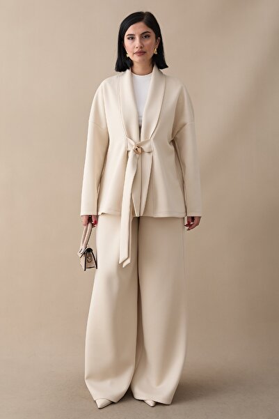 InStyle Beige Double Suit with Brooch Detail Jacket