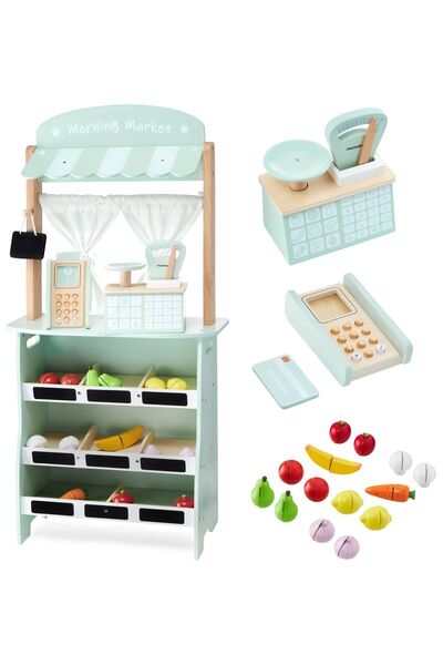 mamabrum Magazin mare din lemn - tarabă și teatru 2 în 1 cu cântar, terminal de plată, fructe și legume