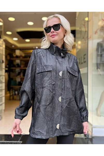 DE WHITES Jachetă cu nasturi cu guler ridicat buzunare, mărime mare