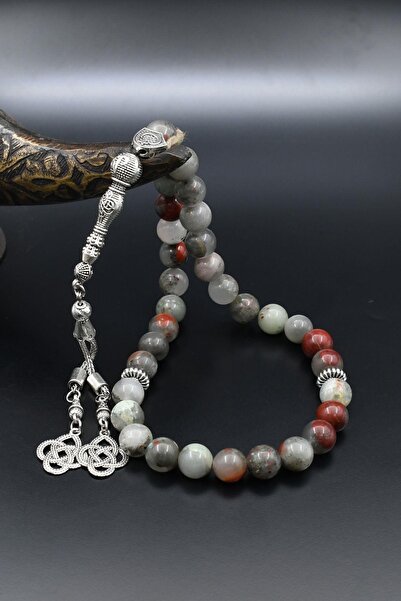 Prestige Natural Blood Stone 33-Bead Rosary with Metal Tassel 10mm Sphere Cut 902509