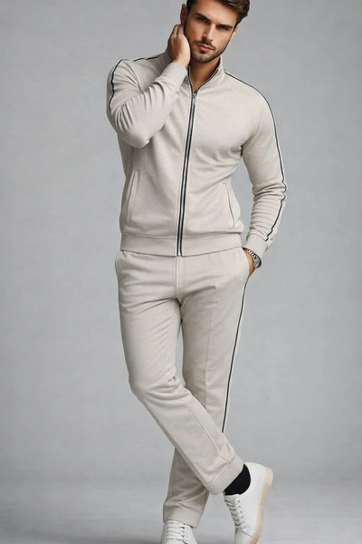 COMBİNE MİCHAİL Men's Zippered Elastic Cream Tracksuit Set