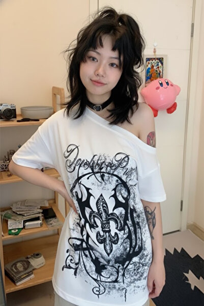 Karakedi Model abstract alb gotic Y2K cu mânecă scurtă, cu umeri expus tricou