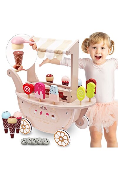 mamabrum Sală de înghețată din lemn pentru copii - cărucior pe roți cu accesorii