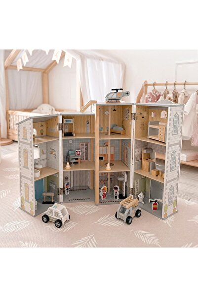 mamabrum Stație mare de pompieri pliabilă cu stație de poliție - set din lemn