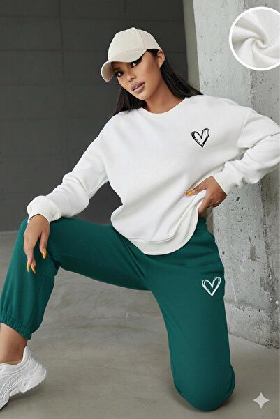 CAST COLLECTİON Women's White Heart Printed Crew Neck Green Tracksuit Set