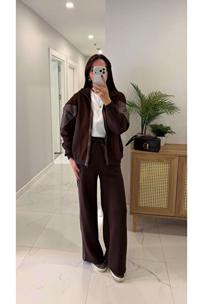 BİRCANÇİL طقم بنطلون تريكو بني من أوليجا بقطع قماش مخيطة معاً