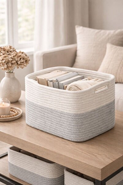 MaVaux Nesto Decorative Jute Wicker Rope Basket 34X28X24 cm Multi-Purpose Organizer Rectangular Shape