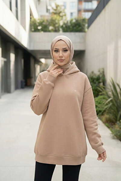 Zeneva Collection Hanorac gros din bumbac bej cu glugă, cu 3 fire, tip rasvanit