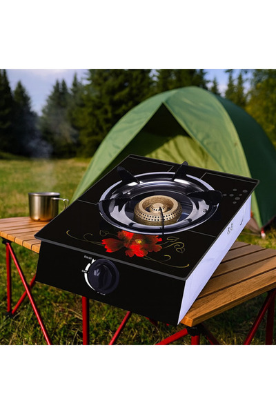 Sanlux Tempered glass gas stove, 1 cast iron burner, quartz ignition, black