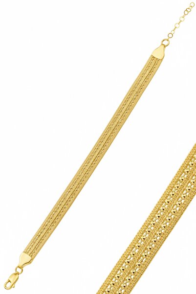 Söğütlü Silver 925 Ayar Gümüş Bileklik Altın Kaplama 5 sıra Top Zincirli Midyat Hasırı Bileklik SGTL12504GOLD