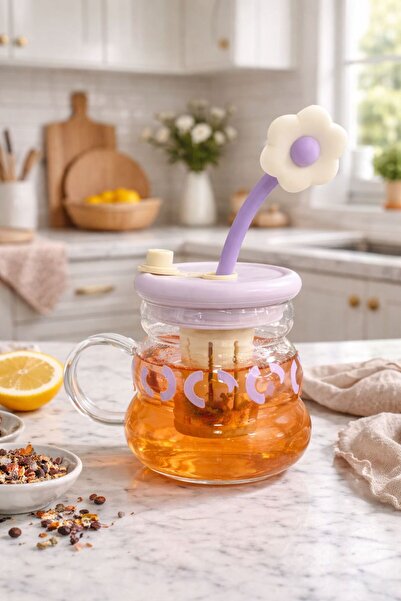 NEWNOW Cutemood Glass Mug with Straw and Lid |   Cute Design, Cold Drink and Detox Water Cup Lila