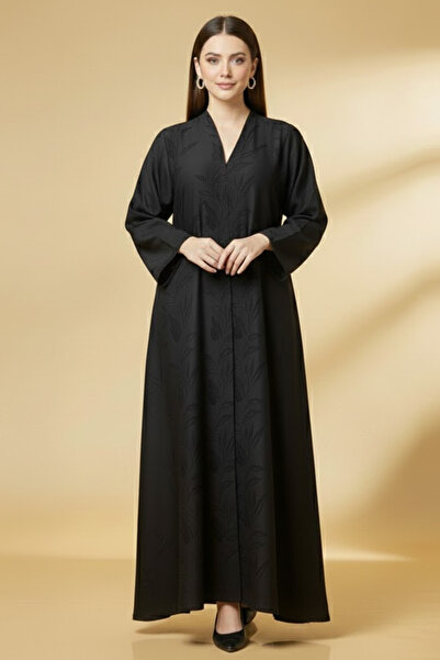 Muchmy عباية سوداء مطبوعة بأوراق الشجر، تطريز كلاسيكي بلون متناسق، فتحة رقبة على شكل حرف V، أكمام طويلة، عباية إسلامية عربية سوداء