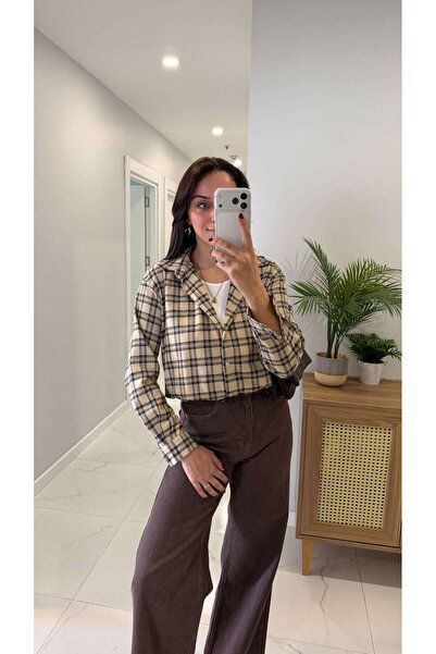 BİRCANÇİL Ibiza Beige Plaid Shirt with Athlete Detail and Stone Embellishments