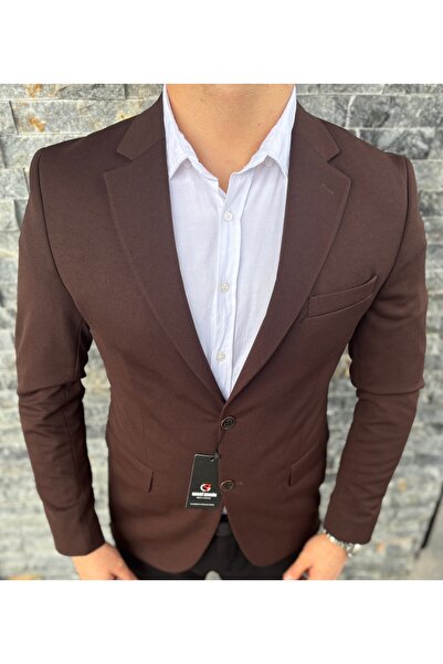 SABRİ ZENGİN Erkek Kahverengi Slim Fit Çift Düğme Blazer Ceket