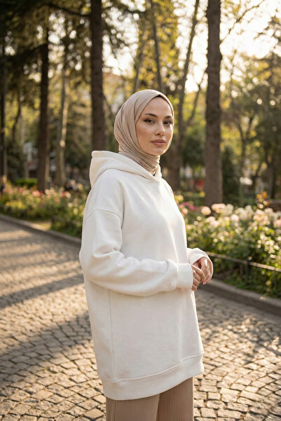 Zeneva Collection Beyaz Pamuklu Kapüşonlu 3 İplik Şardonlu Kalın Sweatshirt