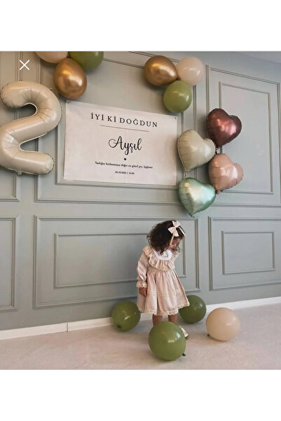 Mora süslemeleri 2 Yaş Doğum Günü Konsept Mint Kahve Bej Krem Kalp Folyo Balo...