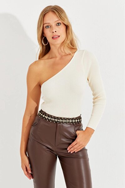 Be Best Women's Ecru One Shoulder Knit Blouse Be276