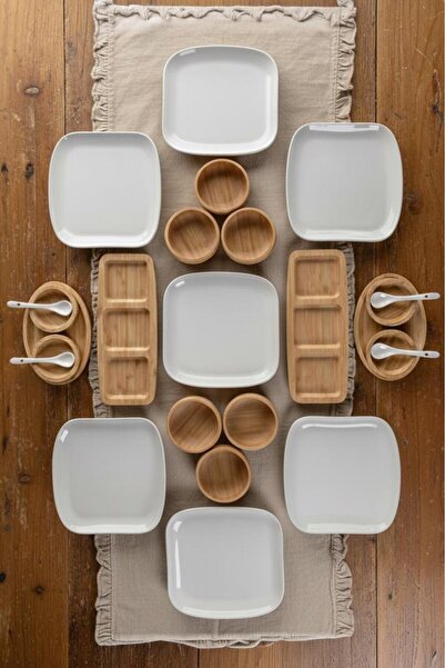 Atbyhome Mera 6 Kişilik 27 Parça Doğal Bambu - Seramik Kahvaltı Takımı – Kahv...