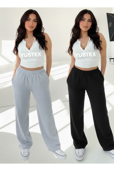 yx yustex sport Şardonlu Kışlık Kadın 2 Adet Siyah + Gri Eşofman Altı Bol Paç...
