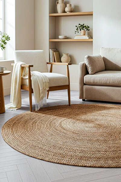 Digithome Jüt Hasır Yuvarlak Oturma Odası Yatak Odası Natural Halı 150 cm