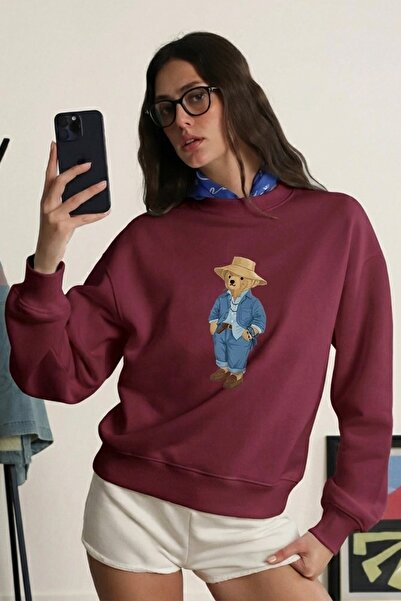 The Champ Clothing سويت شيرت نسائي قصة فضفاضة رانش بير 3D مطبوع بوردو – رقبة ...