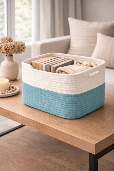 MaVaux Nesto Decorative Jute Wicker Rope Basket 34X28X24 cm Multi-Purpose Organizer Rectangular Shape