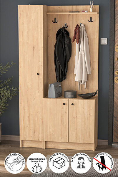 Bofigo 3 Kapaklı Portmanto Elbise Askılığı 7 Bölmeli Vestiyer Ayakkabılık Güneş Buketi Safir Meşe