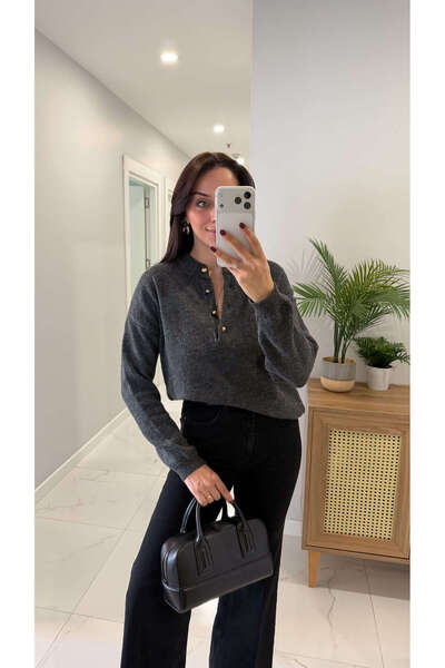 BİRCANÇİL Jelly Dark Anthracite Gold Button Detailed Knitwear