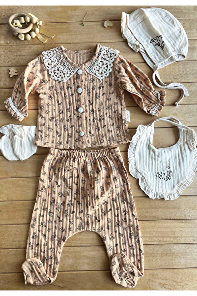 Necix's %100 Pamuk Dantelli Çiçek Desenli Kız Bebek 5’li Hastane Çıkışı Seti ...