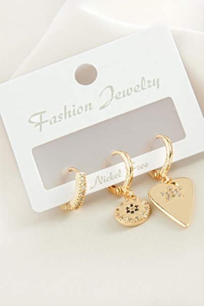 ZERO LAND SEPETIM 3 قطع أقراط من حجر الزركون على شكل قلب - لون فضي