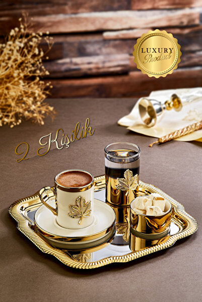 grimorlife 2 Kişilik Tepsili Gold Porselen Yaprak Detaylı Fincan Sunum Seti-S...