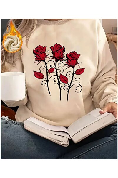 herkesemoda Detaliu cu imprimeu cu trandafiri guler rotund Swea tricou