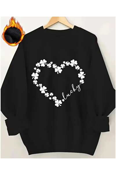 herkesemoda Φούτερ με λεπτομέρεια εκτύπωσης Lucky Heart με λαιμόκοψη