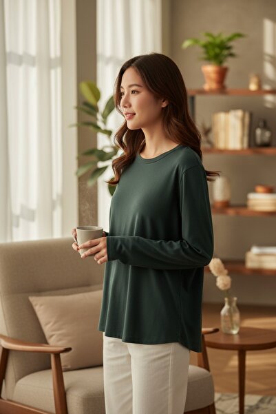 RANDOM Kadın Örme Uzun Kol Yuvarlak Yaka T-Shirt