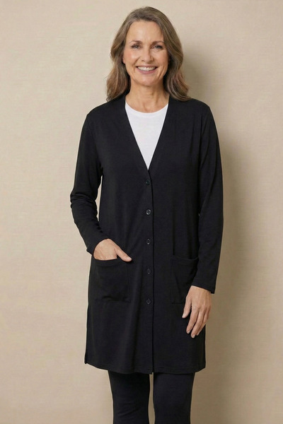 nacar çarşı Kadın Anne Siyah Düğmeli Cepli V Yaka Uzun Tunik İnce Penye Hırka