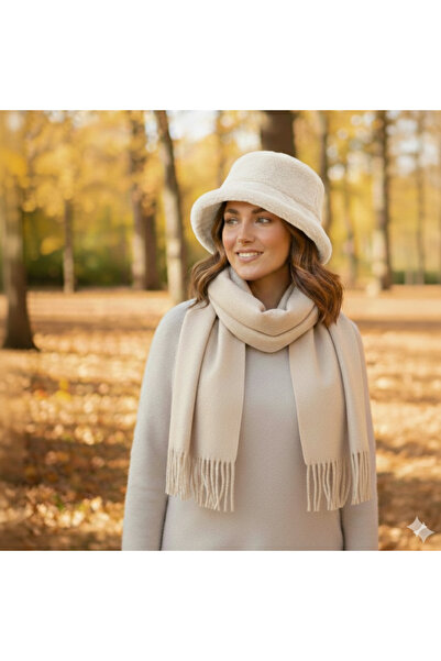 IronMoon Yün Kadın Şal 50x170 ve Peluş Kova Bucket Şapka Seti
