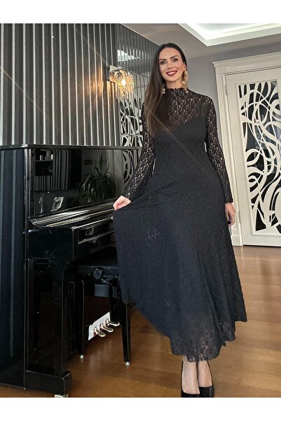 Atelier Derin فستان ماكسي من الدانتيل ذو تنورة سوداء مكشكشة