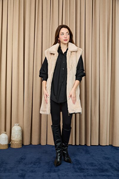 Puane Vestă de pluș pentru femei cu glugă cu talie elastică - 15235YLK - BEIGE