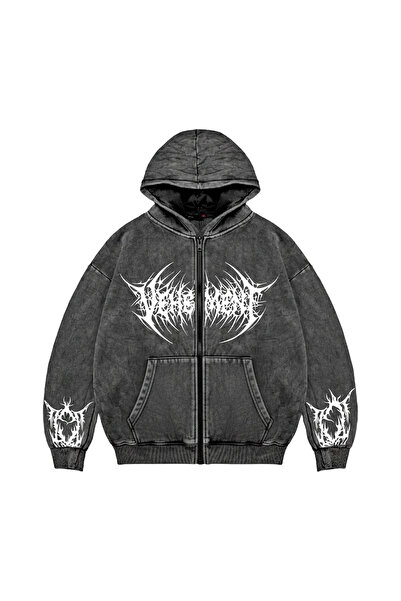 Sokak Butik Vehement Baskılı Fermuarlı Zip Kapüşonlu Unisex Yıkamalı Siyah Sweatshirt