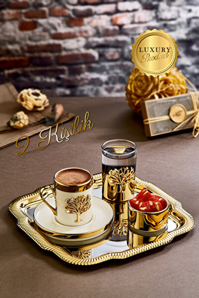 grimorlife 2 Kişilik Tepsili Gold Porselen Ağaç Detaylı Fincan Sunum Seti-Söz...