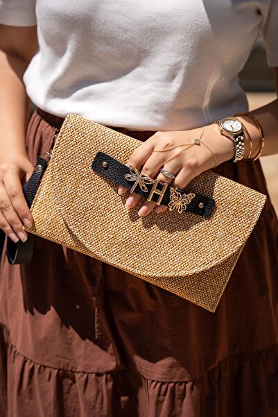 LAMİNTA Change Black Charm Detailed Straw Clutch Bag