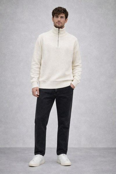 oraystore Men's Ecru Half Zip Knit Sweater