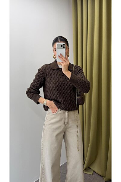 HAZELANNA ملابس تريكو محبوكة بأكمام طويلة باللون البني المر