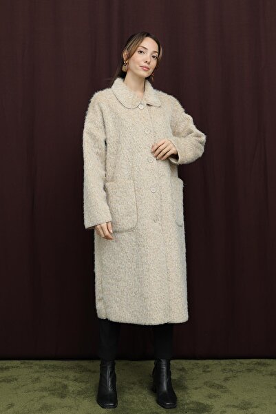 Puane Women's Button Detailed Coat - 15233Kbn - Beige