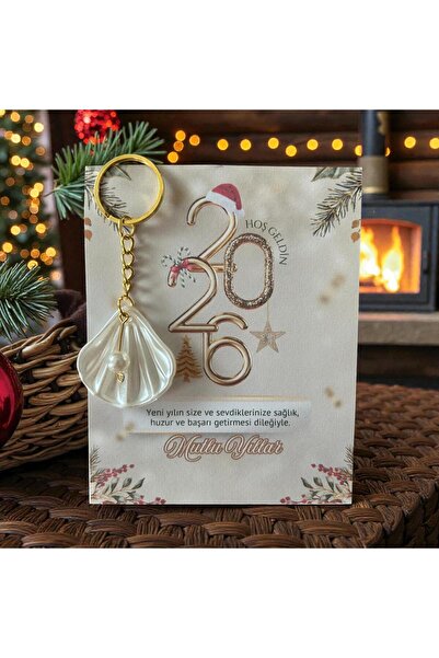 Poros Store 1 adet İnci İstiridye Hediyelik Anahtarlık Yılbaşı Dizaynlı Kart