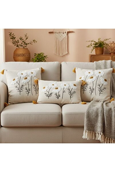 ESSENSE HOME & LİVİNG 3'lü Punch Nakışlı Oturma Odası Balkon Bohem Kırlent Kılıfı Yastık Kılıfı Çok Tercih Edilen