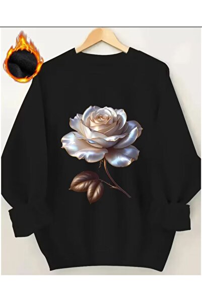 herkesemoda Detaliu cu imprimeu cu trandafiri strălucitori guler rotund Swea ...