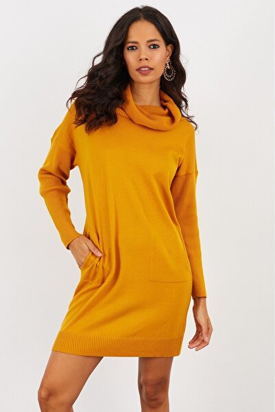 Be Best Women's Mustard Degaje Collar Knitwear Mini Dress Be286