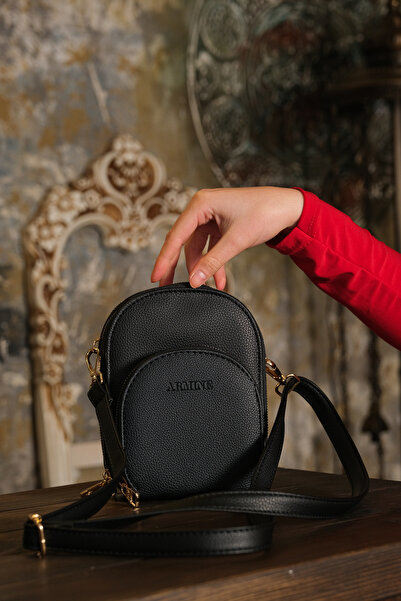 Armine Black Pia 347 Women's Multi-Compartment Strap Shoulder Wallet Bag